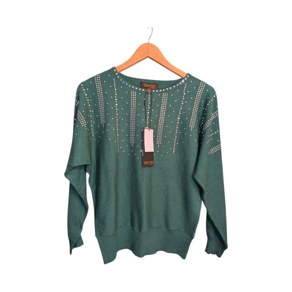 New Truth By Republic Size S Viscose Blend Women's Green Sweater Rhinestone